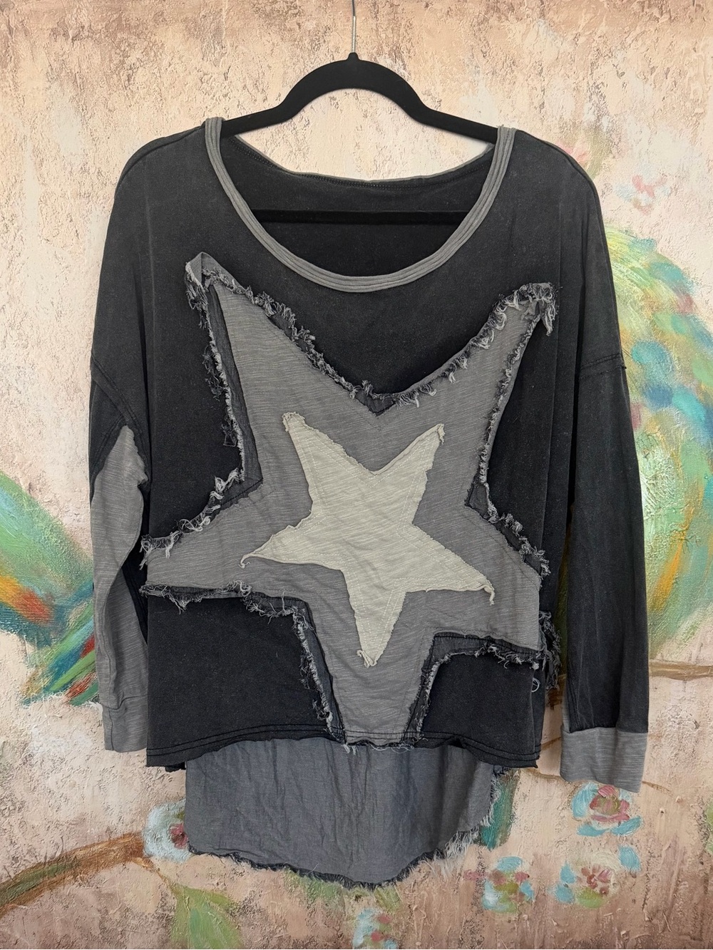 SHEIN Washed Black Pullover with Distressed Gray Star Patch NWOT